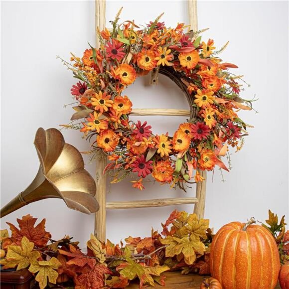 22" Artificial Orange Daisy‎ Wreath with Wildflowers Berries for Indoor Outdoor - Picture 6 of 7